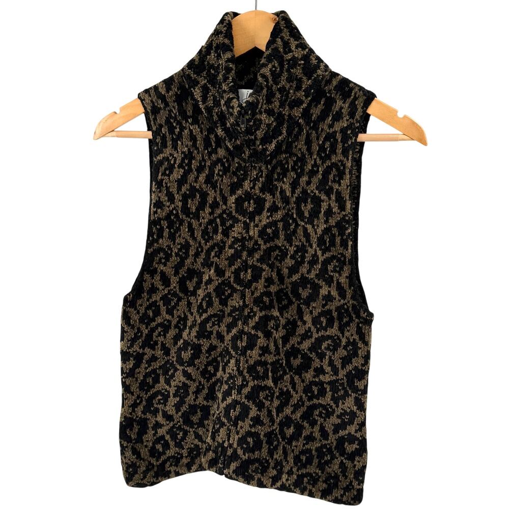 Vintage 90s Jamie Kreitman Olive Black Leopard Chenille Full Zip Sweater Vest